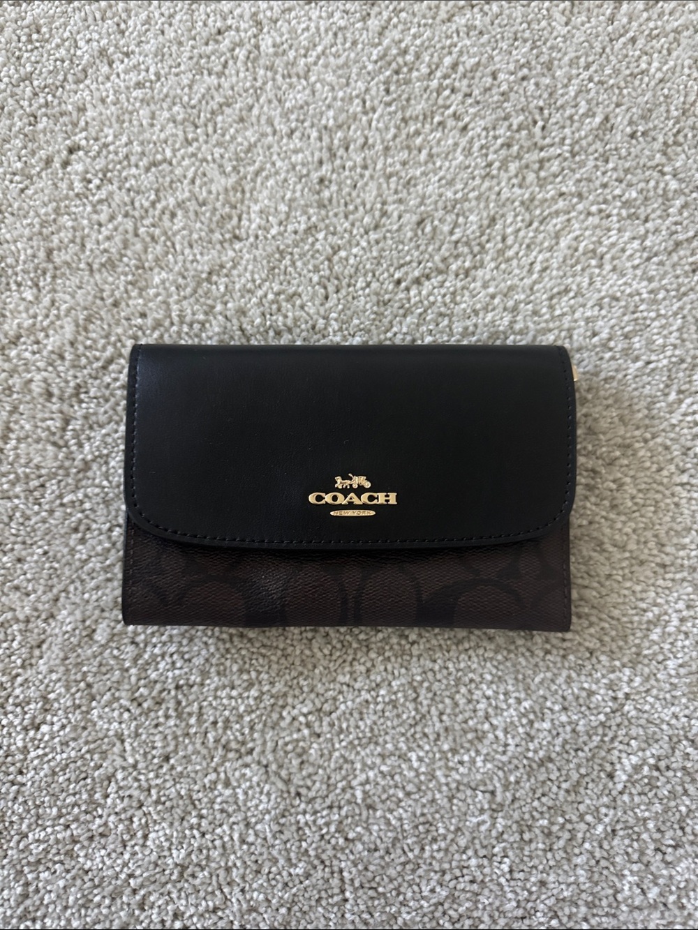 Coach Two-Tone Black Leather & Brown Signature Trifold Wallet with Gold Logo